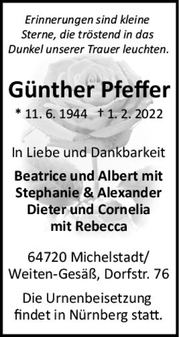Traueranzeige von Günther Pfeffer von vrm-trauer Odenwälder Echo