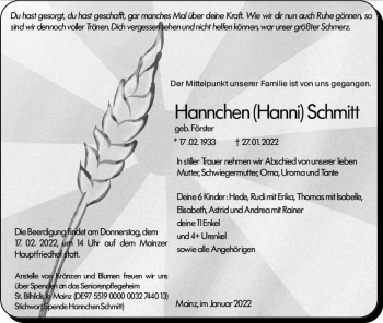 Traueranzeige von Hannchen Schmitt von vrm-trauer AZ Mainz