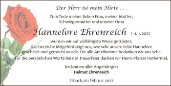 Traueranzeige von Hannelore Ehrenreich von vrm-trauer Odenwälder Echo