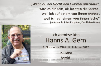 Traueranzeige von Hanns A. Gern von vrm-trauer Wiesbadener Kurier
