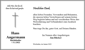 Traueranzeige von Hans Angermann von vrm-trauer Wiesbadener Kurier