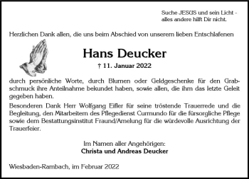 Traueranzeige von Hans Deucker von vrm-trauer Wiesbadener Kurier