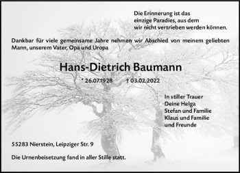 Traueranzeige von Hans-Dietrich Baumann von vrm-trauer AZ Mainz