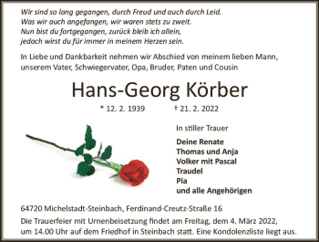 Traueranzeige von Hans-Georg Körber von vrm-trauer Odenwälder Echo