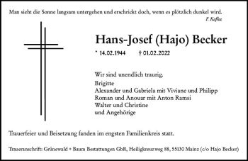 Traueranzeige von Hans-Josef Becker von vrm-trauer AZ Mainz