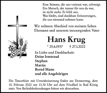 Traueranzeige von Hans Krug von vrm-trauer Odenwälder Echo