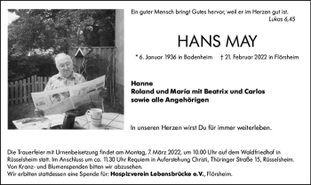Traueranzeige von Hans May von vrm-trauer Rüsselsheimer Echo / MainSpitze