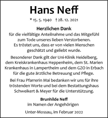 Traueranzeige von Hans Neff von vrm-trauer Odenwälder Echo
