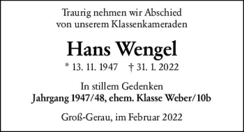 Traueranzeige von Hans Wengel von vrm-trauer Groß-Gerauer Echo