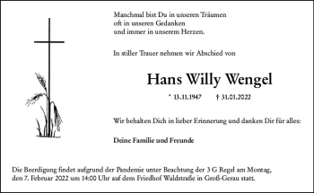 Traueranzeige von Hans Willy Wengel von vrm-trauer Groß-Gerauer Echo
