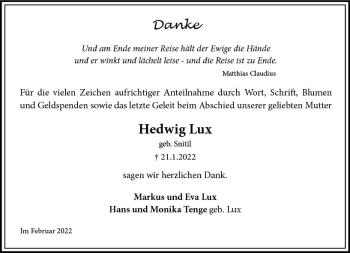 Traueranzeige von Hedwig Lux von vrm-trauer Wiesbadener Kurier