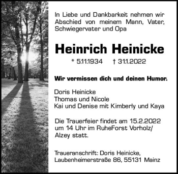 Traueranzeige von Heinrich Heinicke von vrm-trauer AZ Mainz