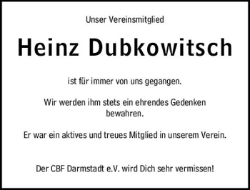 Traueranzeige von Heinz Dubkowitsch von vrm-trauer Darmstädter Echo