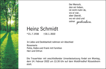 Traueranzeige von Heinz Schmidt von vrm-trauer Rüsselsheimer Echo / MainSpitze