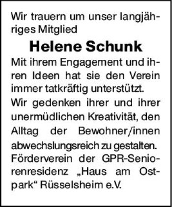 Traueranzeige von Helene Schunk von vrm-trauer Rüsselsheimer Echo / MainSpitze