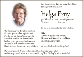 Traueranzeige von Helga Erny von vrm-trauer Odenwälder Echo