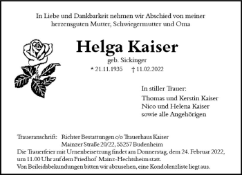 Traueranzeige von Helga Kaiser von vrm-trauer AZ Mainz