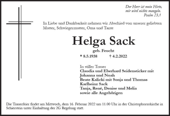 Traueranzeige von Helga Sack von vrm-trauer Wiesbadener Kurier