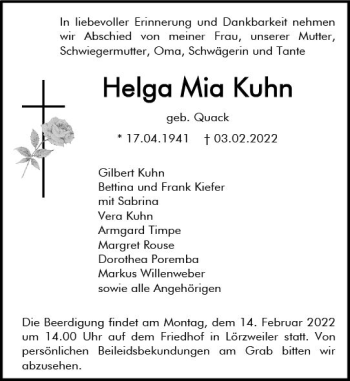 Traueranzeige von Helga Mia Kuhn von vrm-trauer AZ Mainz