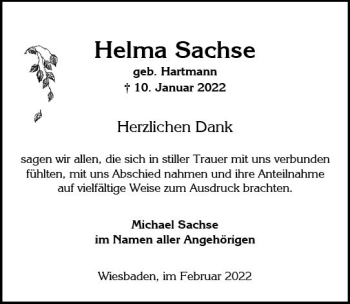Traueranzeige von Helma Sachse von vrm-trauer Wiesbadener Kurier