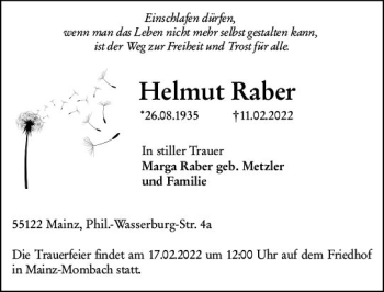 Traueranzeige von Helmut Raber von vrm-trauer AZ Mainz
