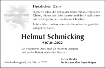 Traueranzeige von Helmut Schmicking von vrm-trauer Wiesbadener Kurier