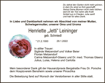 Traueranzeige von Henriette Leininger von vrm-trauer Bürstädter/Lamperth. Ztg/Starkenburger