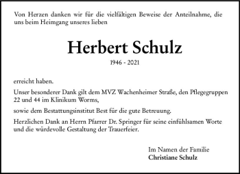 Traueranzeige von Herbert Schulz von vrm-trauer Wormser Zeitung