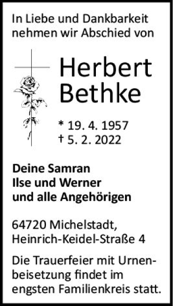 Traueranzeige von Herberth Bethke von vrm-trauer Odenwälder Echo