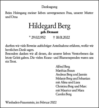 Traueranzeige von Hildegard Berg von vrm-trauer Wiesbadener Kurier