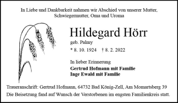Traueranzeige von Hildegard Hörr von vrm-trauer Odenwälder Echo