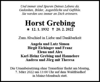 Traueranzeige von Horst Grebing von vrm-trauer AZ Mainz