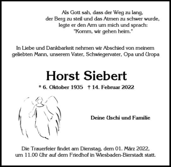 Traueranzeige von Horst Siebert von vrm-trauer Wiesbadener Kurier