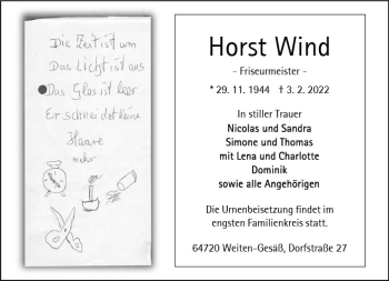 Traueranzeige von Horst Wind von vrm-trauer Odenwälder Echo