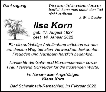 Traueranzeige von Ilse Korn von vrm-trauer Wiesbadener Kurier