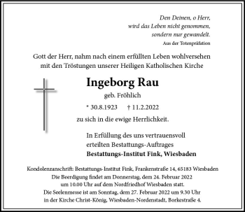 Traueranzeige von Ingeborg Rau von vrm-trauer Wiesbadener Kurier