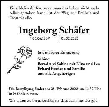 Traueranzeige von Ingeborg Schäfer von vrm-trauer Darmstädter Echo