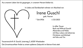 Traueranzeige von Irene Guschl von vrm-trauer Wiesbadener Kurier