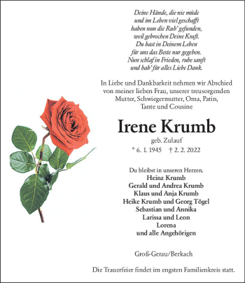 Traueranzeige von Irene Krumb von vrm-trauer Groß-Gerauer Echo