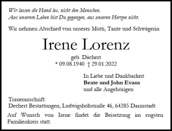 Traueranzeige von Irene Lorenz von vrm-trauer Darmstädter Echo
