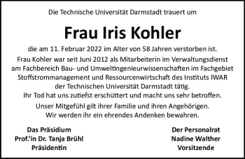 Traueranzeige von Iris Kohler von vrm-trauer Darmstädter Echo