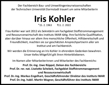 Traueranzeige von Iris Kohler von vrm-trauer Darmstädter Echo
