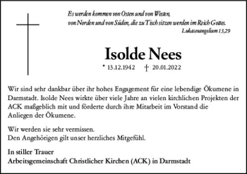 Traueranzeige von Isolde Nees von vrm-trauer Darmstädter Echo