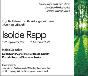 Traueranzeige von Isolde Rapp von vrm-trauer Wiesbadener Kurier