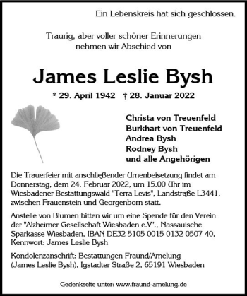 Traueranzeige von James Leslie Bysh von vrm-trauer Wiesbadener Kurier