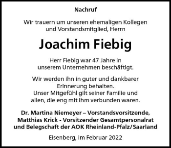 Traueranzeige von Joachim Fiebig von vrm-trauer AZ Mainz