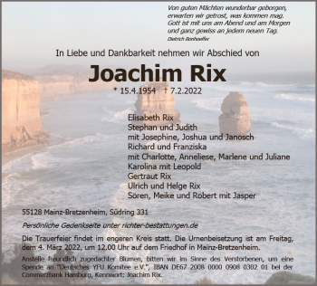 Traueranzeige von Joachim Rix von vrm-trauer AZ Mainz