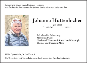 Traueranzeige von Johanna Huttenlocher von vrm-trauer AZ Mainz