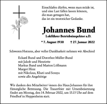 Traueranzeige von Johannes Bund von vrm-trauer Bürstädter/Lamperth. Ztg/Starkenburger