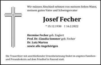 Traueranzeige von Josef Fecher von vrm-trauer Wiesbadener Kurier